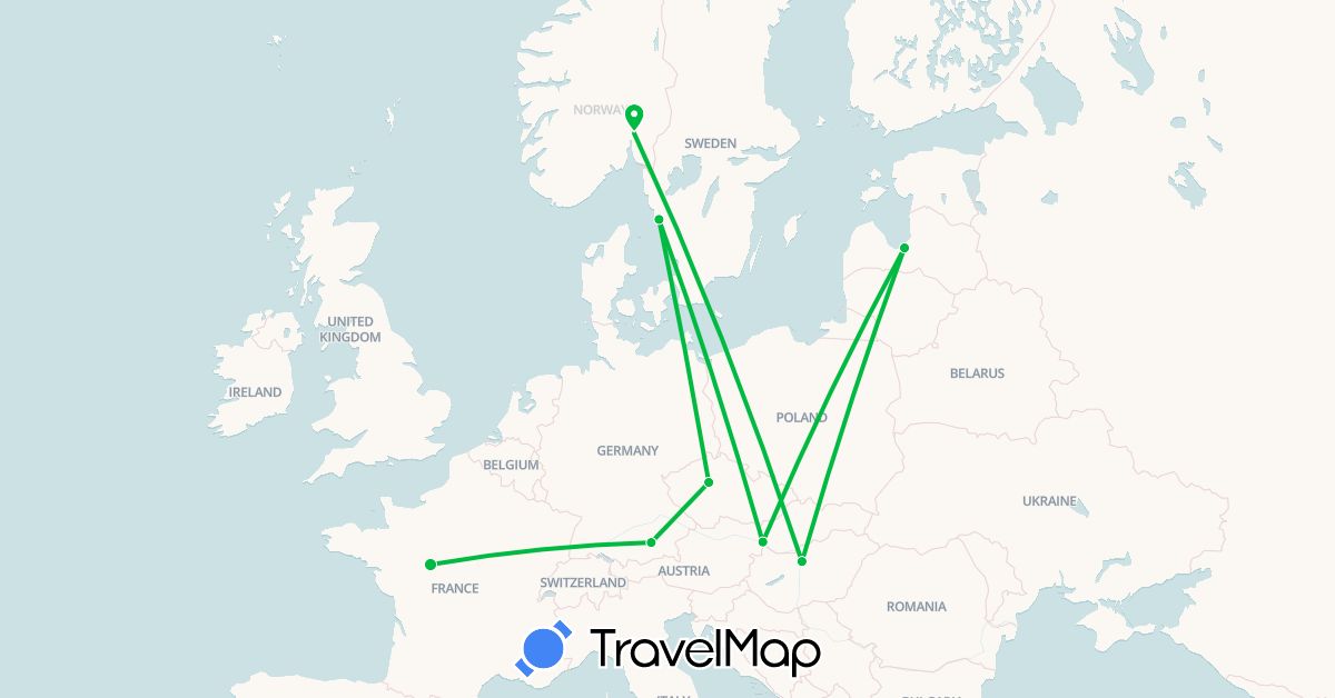 TravelMap itinerary: bus in Czech Republic, Germany, France, Hungary, Latvia, Norway, Sweden, Slovakia (Europe)